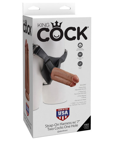 King Cock Strap-On Harness w/7" Two Cocks One Hole - Tan